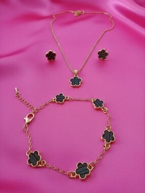 Gold-Plated Clover Necklace and Bracelet Set with Teal Striped Inlay- NWOT